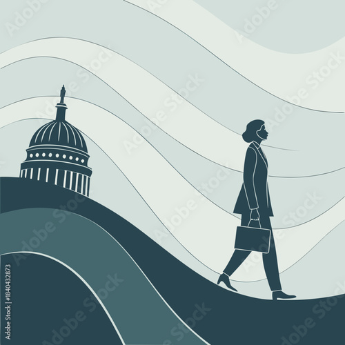 Professional Woman Walking Towards Capitol Building on Wavy Background