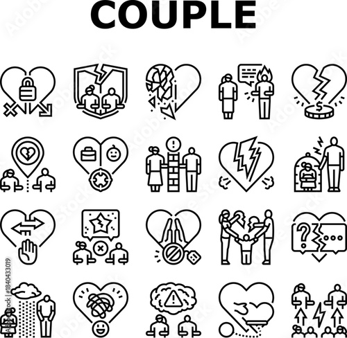 couple relationship obstacles icons set vector
