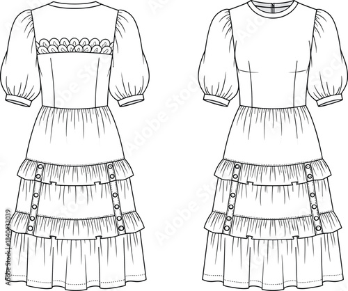 Women's Romantic Tiered Midi Dress Technical Flat Drawing featuring Scalloped Yoke, Puffed Elbow Sleeves, and Decorative Side Buttons.