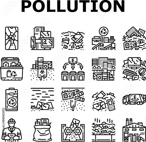e waste pollution recycling icons set vector