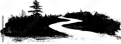 Black and white stencil illustration of whirling water trail in nature scene