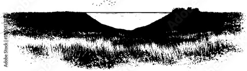 Black and white stencil illustration of wide prairie grassland scene