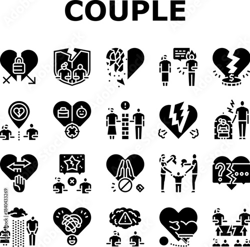 couple relationship obstacles icons set vector