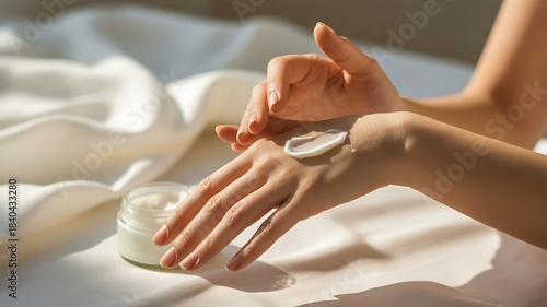 Close-up of a woman's hands applying a nourishing hand cream or lotion for soft, smooth skin in a serene, minimalist setting.