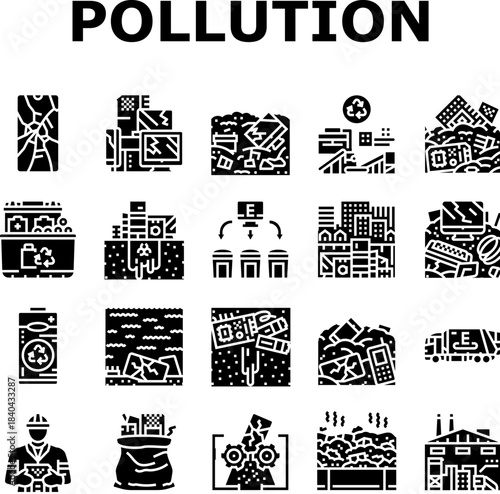 e waste pollution recycling icons set vector