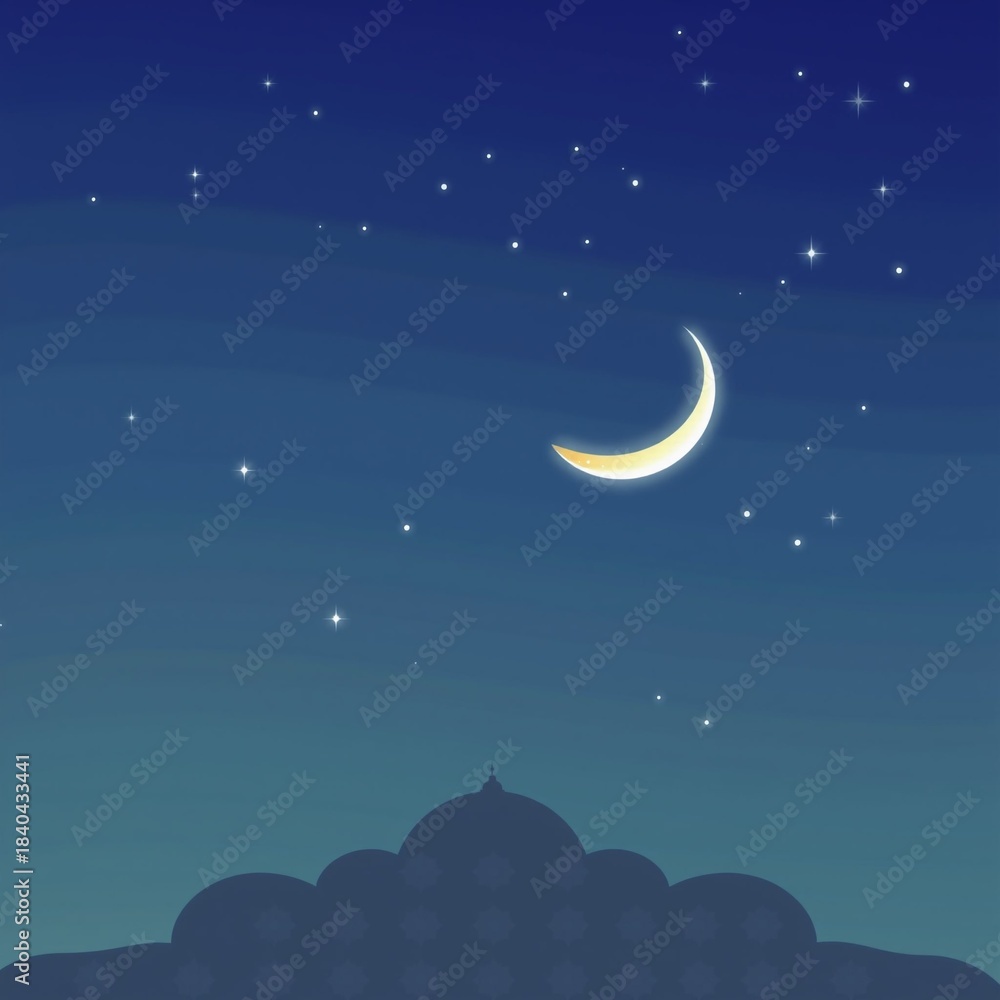 Fototapeta premium Crescent moon and stars in a dark blue night sky above a silhouette of an islamic building dome