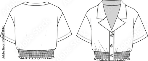 Women's technical fashion flat sketch of a cropped woven shirt with a classic camp collar, front button placket, and gathered, elasticized shirred hem detail.