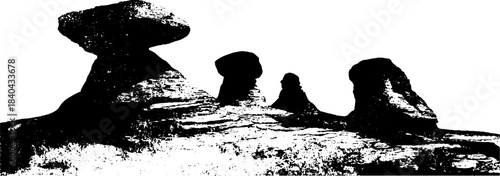 Black and white stencil illustration of wind eroded sandstone formations for design