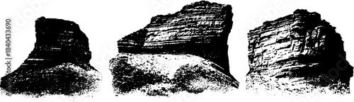 Black and white stencil illustration of wind eroded sandstone formations