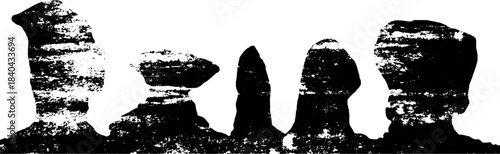 Black and white stencil of wind eroded sandstone formations for art and design