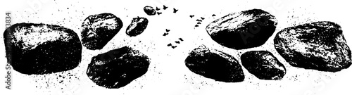 Monochrome wind-scattered pebbles stencil art with birds in flight