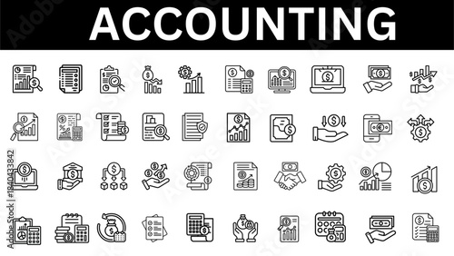Accounting editable line icons collection. Accounting of business affairs and work. Invoice, tax, accountant, financial statement, tax calculator. Vector illustration 