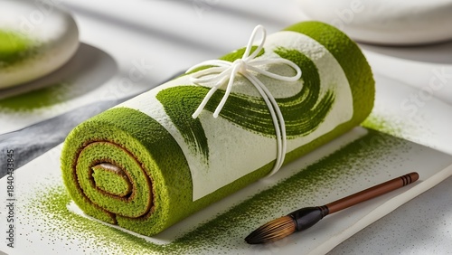 Edible Book Day – Matcha Scroll Cake with Rice-Paper Tie, Zen Minimalist 8K Still Life