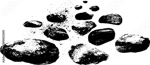 Black and white stencil art of wind-scattered pebbles