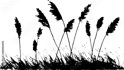 Windswept reeds silhouette in black and white stencil art for nature-themed design
