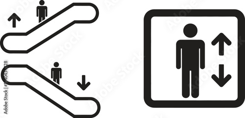 Modern black line art icons depicting escalator and elevator direction signs with clear upanddown arrows for easy wayfinding