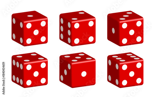 Red dice with white dots. Vector set isolated on white background. 3d dice.