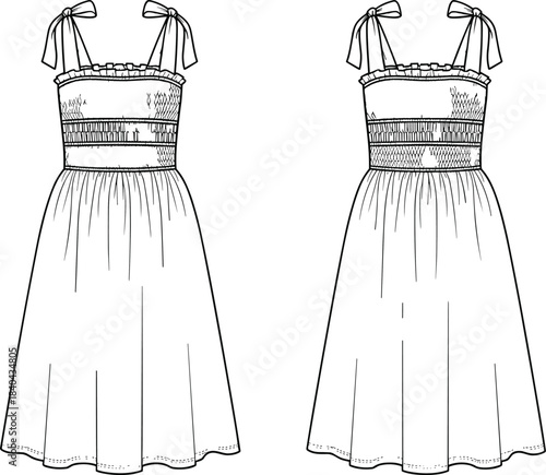 Women's technical flat drawing of a summer woven midi dress featuring a smocked bodice, adjustable shoulder tie straps, and a gathered flowy A-line skirt.