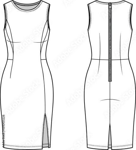 Women's technical flat sketch of a sleeveless sheath dress with princess seams, a side slit, and full-length visible back zipper detail, vector.