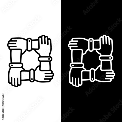 Teamwork unity hands holding wrists square icon black white outline vector