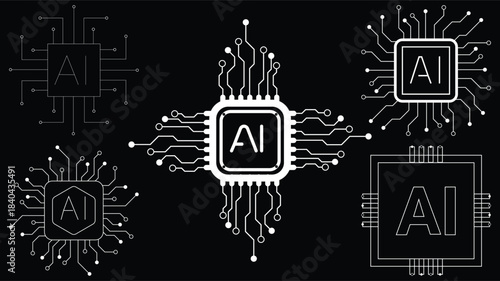 Stunning collection of glowing artificial intelligence chip icons set against a deep dark background.
