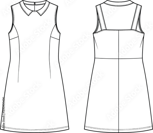 Women's technical flat sketch of a sleeveless shift dress featuring a Peter Pan collar, princess seams, contrast straps, and back zipper detail, vector.