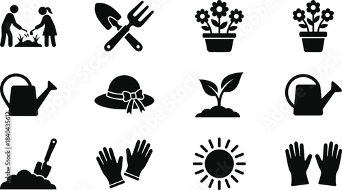 Set of black vector silhouette icons featuring gardening objects like planting people, flowers, gloves, and sun isolated on white background.