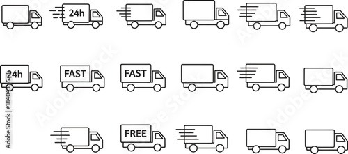 Modern outline delivery truck icons demonstrating fast free 24hour shipping and logistics services for business