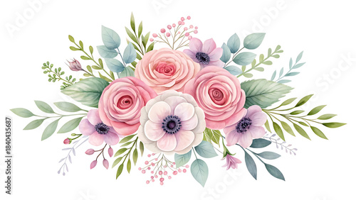 Delicate watercolor floral arrangement with pink roses anemones and eucalyptus leaves on white background