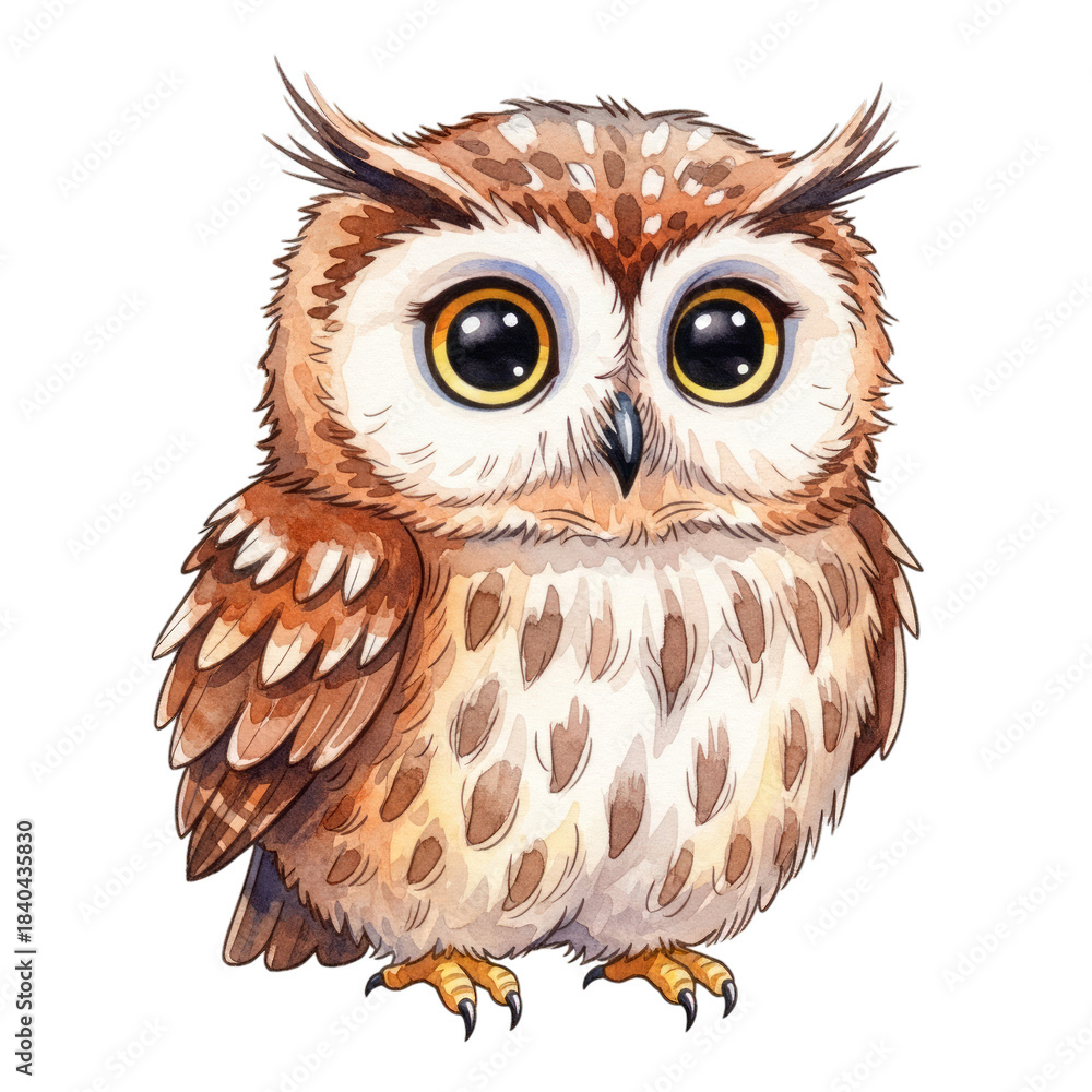 Obraz premium Watercolor Cute cartoon owl with big eyes isolated on a transparent background