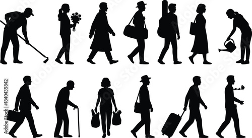 Silhouette collection of people walking, gardening, traveling, and carrying bags, isolated on white background, vector illustration set for lifestyle design