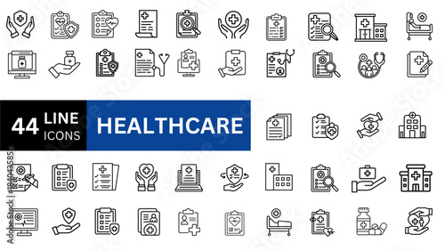 Healthcare icon set. Collection of nurse, pills, medicine, drip, ambulance, doctor, and more. Vector illustration set 