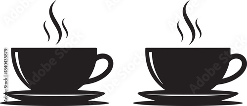 Two Black Silhouette Coffee Cups with Steam on White Background drink