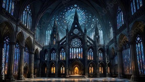Majestic gothic cathedral interior with ornate stained glass windows