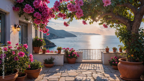 Mediterranean terrace with bougainvillea overlooking sunset sea