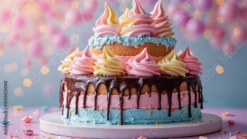 Vibrant multi-tiered celebration cake with colorful frosting and chocolate drip