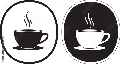 Two circular coffee cup icons, one black on white, one white on black hot drink beverage