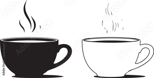 Two Coffee Cups One Black One White With Steam And Shadows whisk illustration