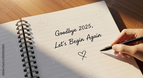 Hand writing goodbye on notebook page with pen and heart