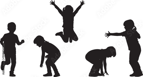 Silhouettes of children in playful poses against a white background showing joy