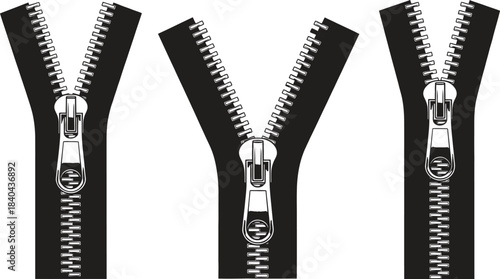 Vector illustration set of three detailed zipper designs featuring open and closed metal fasteners for various applications