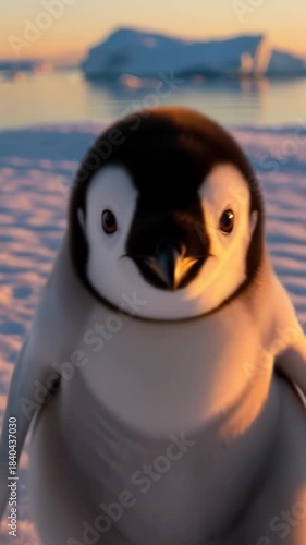 Curious penguin chick waddles toward camera in stunning arctic sunset landscape