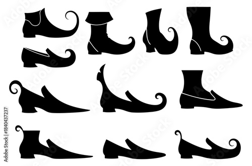Collection of medieval fantasy shoe and boot silhouettes with pointed and curled toes