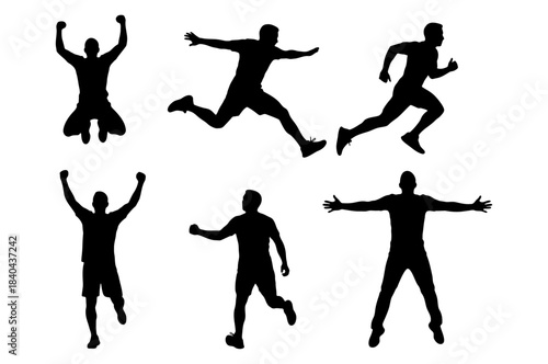 Collection of man silhouettes in running, jumping, and celebrating action poses