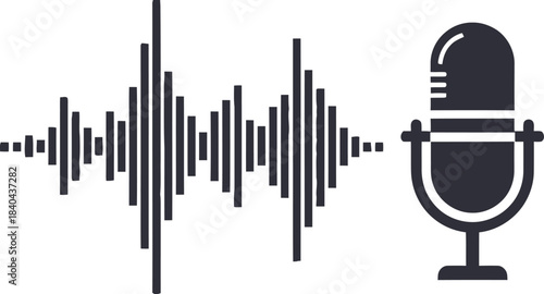 Podcast recording setup with microphone and audio waveform on a purple background