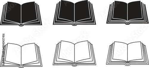 Versatile collection of open book icons representing knowledge learning and education symbols for graphic design