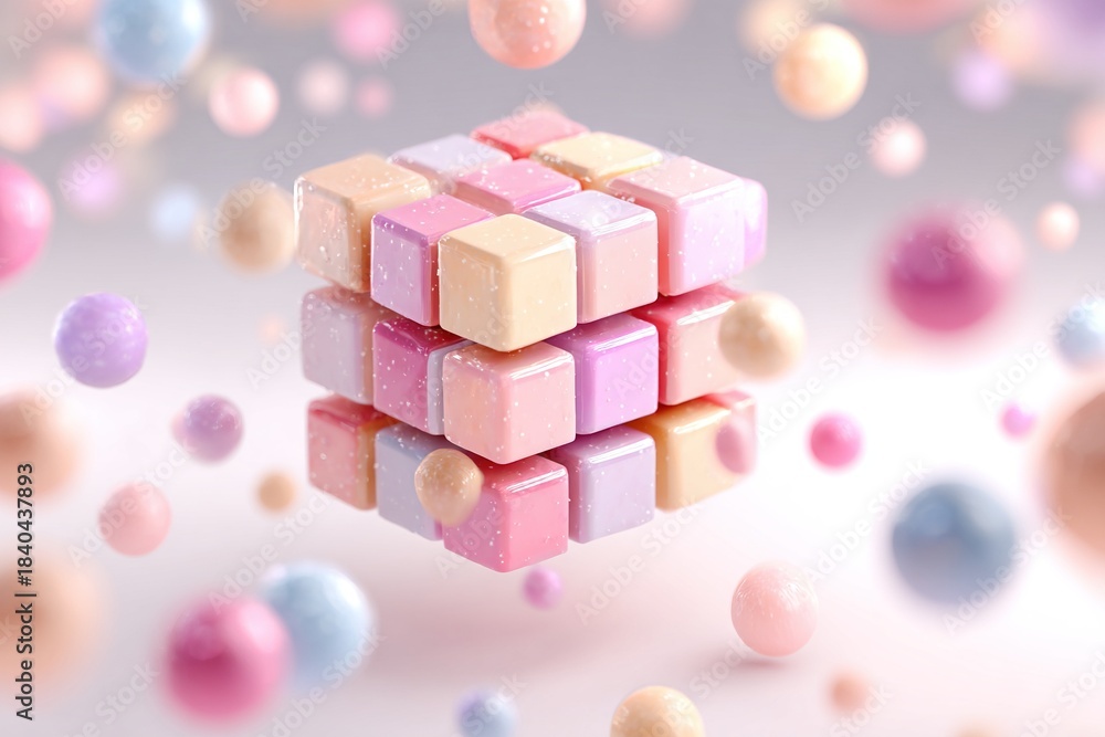 Fototapeta premium Colorful stacked cubes surrounded by floating glossy spheres