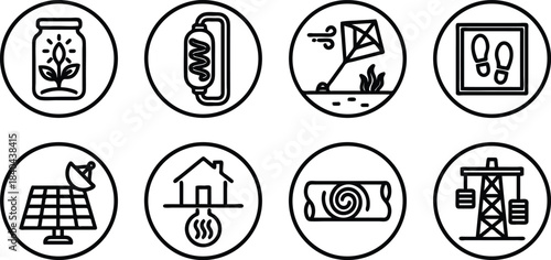 Set of renewable energy icons for sustainable living concepts