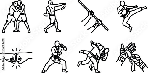 Illustrations of martial arts poses and techniques in black and white