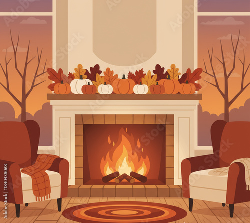 Cozy fireplace with burning candles in a warm living room